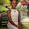 Avah joined the competition — help win amazing prizes! barn, bench, bracelet, child, clothing, girl, greenery, hairstyle, nature, necklace, outdoor, pond, portrait, posing, smiling, summer, sunlight, trees, water, wooden_building