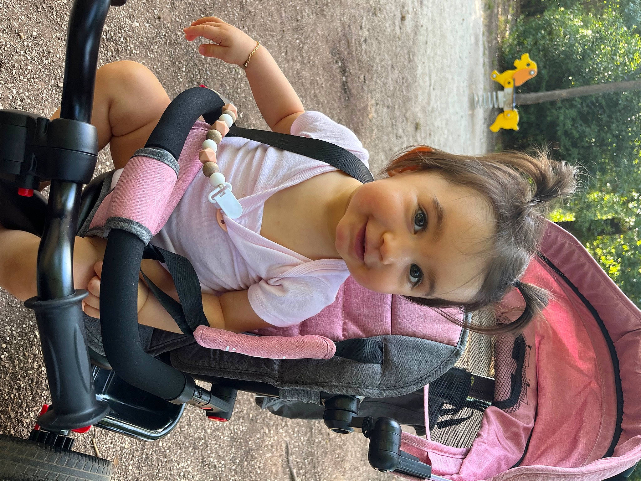 Angelà participe au concours pour gagner de l'argent avec cette photo : auto_part, baby, baby_carriage, baby_products, child, fun, human_body, human_leg, joy, leisure, motor_vehicle, person, pink, plant, recreation, shorts, sitting, skin, thigh, toddler