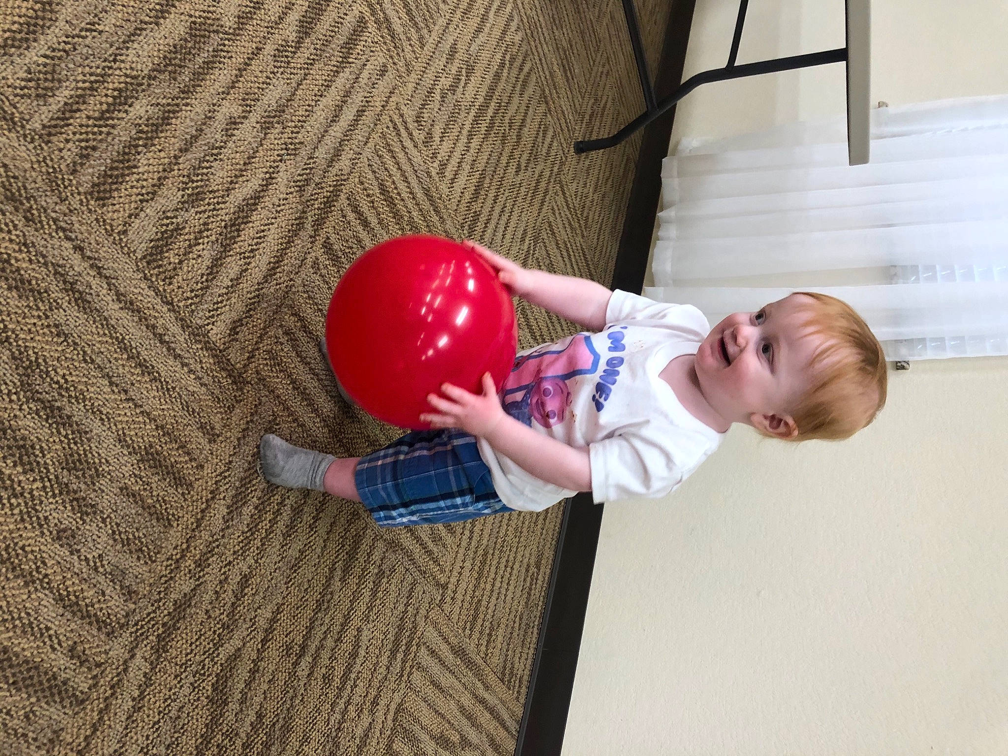 Aiden joined the competition — help win amazing prizes! ball, child, elbow, flooring, fun, happy, hardwood, leisure, magenta, party_supply, person, picture_frame, play, recreation, room, sitting, sleeve, t_shirt, toddler, toy