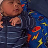 Dominique joined the competition — help win amazing prizes! baby, sleepy, onesie, hat, blanket, blue, striped_clothing, infant, child, cozy, lying_down, colorful, patterned_blanket, lightning_bolt, game_controller, cute, newborn, indoors, soft_texture, portrait