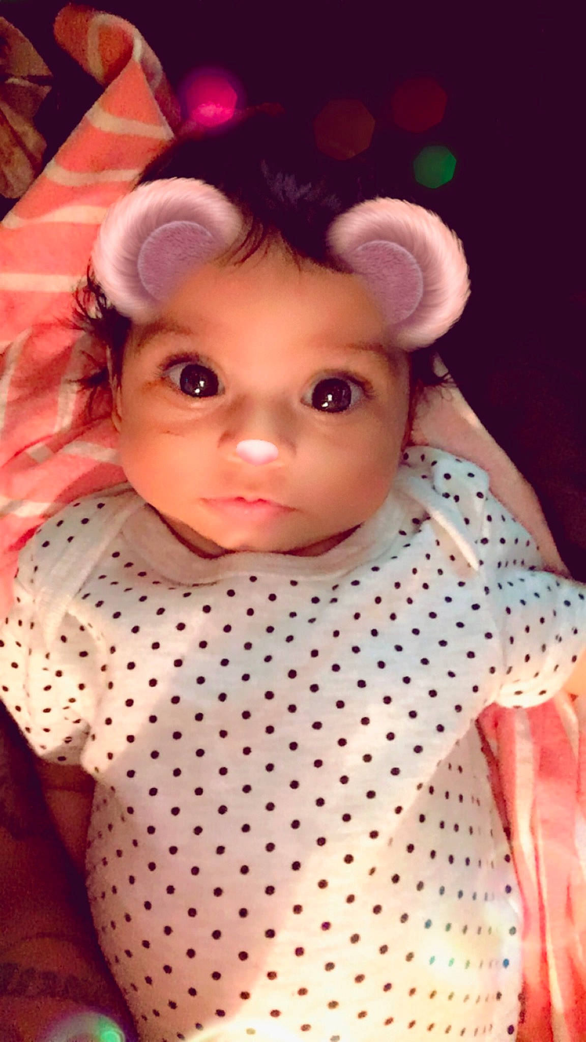 Meilani is registered to the contest to win money with this photo: baby, brown_hair, cheek, child, design, doll, ear, fawn, head, pattern, person, pink, polka_dot, toddler, toy