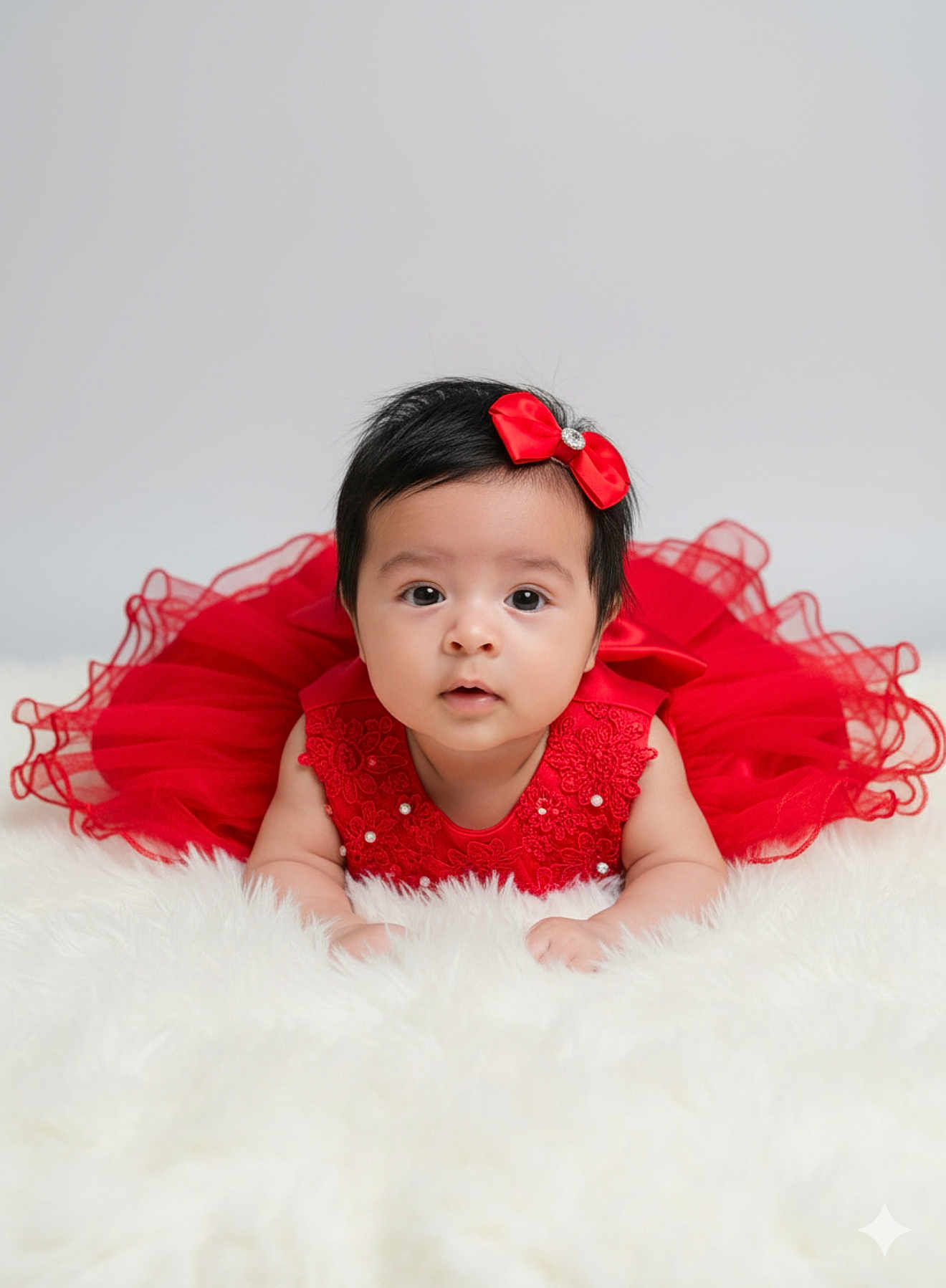 Alice joined the competition — help win amazing prizes! baby, child, red_dress, bow, cute, portrait, infant, fluffy, white_background, face, adorable, fashion, tutu, lying_down, young_child, studio_photo, black_hair, looking_at_camera, decorative_clothing, soft_texture