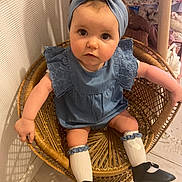 Mathilde a rejoint le concours — aidez-le/la à gagner de superbes lots ! baby, baby_fashion, black_shoes, blue_dress, child, cozy, curious, cute, floor_tiles, frills, girl, headband, home_decor, indoor, infant, portrait, sitting, textile, white_socks, wicker_chair