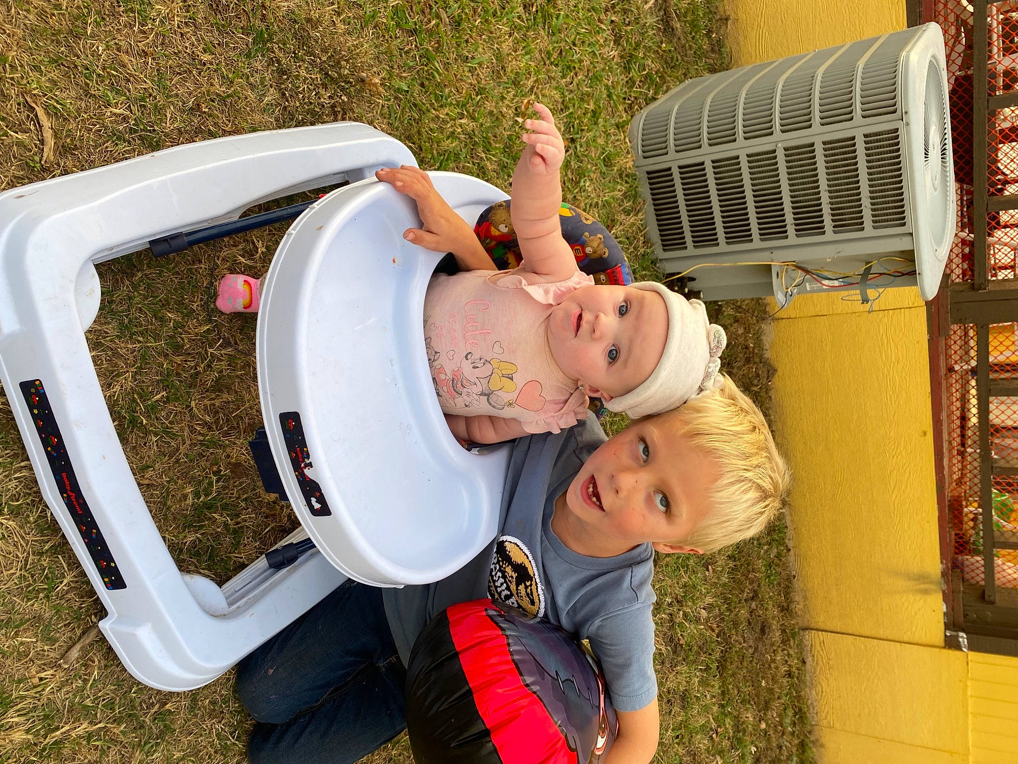 Robert is registered to the contest to win money with this photo: baby, baby_products, baby_toddler_clothing, chair, child, drum, food, fun, grass, happy, hat, headwear, leisure, machine, person, personal_protective_equipment, plant, recreation, smile, t_shirt
