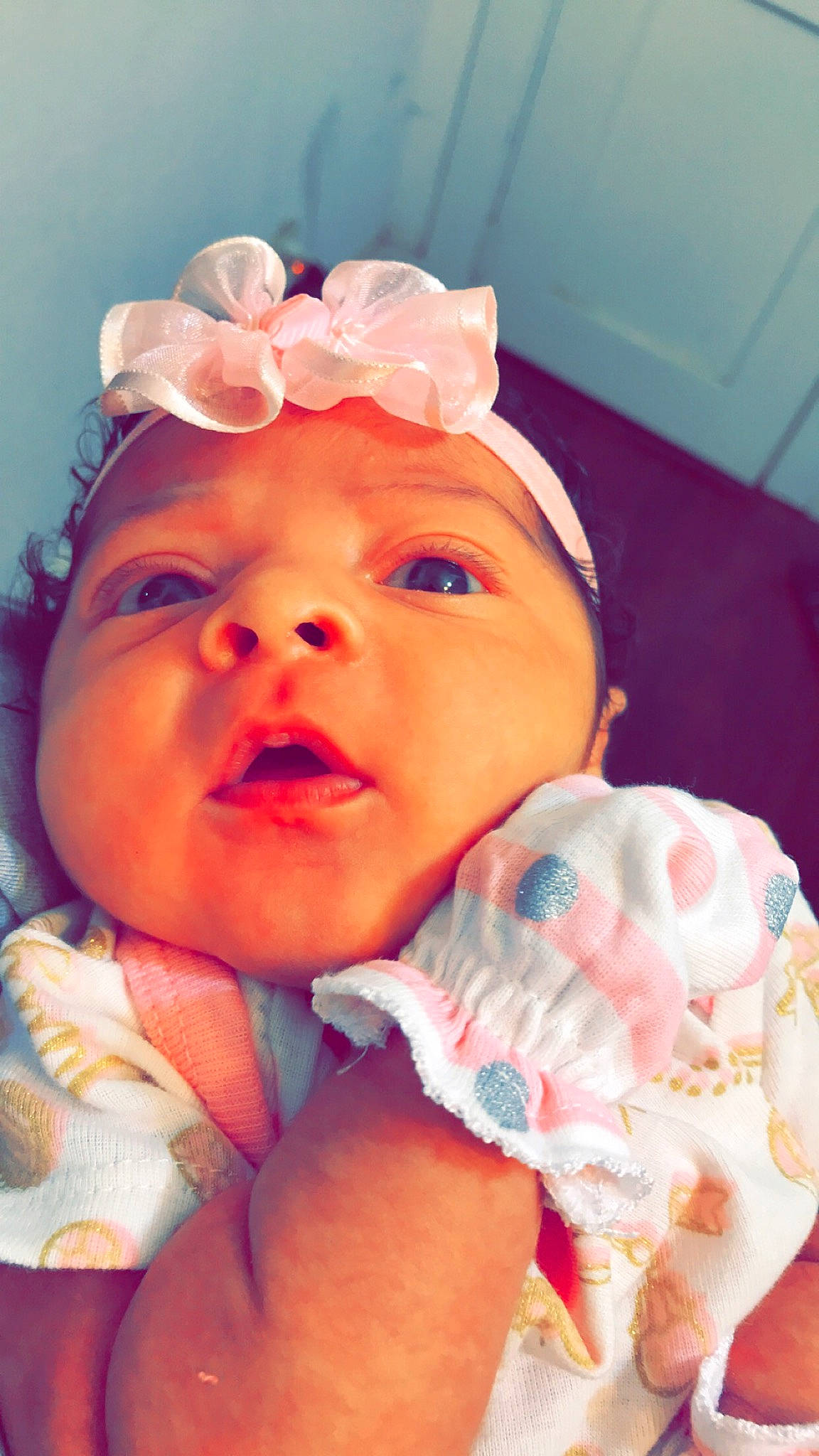 Kenzie joined the competition — help win amazing prizes! baby, birth, cheek, child, ear, eye, face, facial_expression, fashion_accessory, hair_accessory, head, headband, headgear, lip, mouth, nose, person, pink, skin, smile