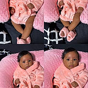 Ormani is registered to the contest to win money with this photo: baby, pink, robe, slippers, pillow, blanket, infant, cute, indoor, portrait, soft_texture, comfort, child, black_hair, curly_hair, seated, expression, clothing, fabric, resting