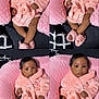 baby, pink, robe, slippers, pillow, blanket, infant, cute, indoor, portrait, soft_texture, comfort, child, black_hair, curly_hair, seated, expression, clothing, fabric, resting