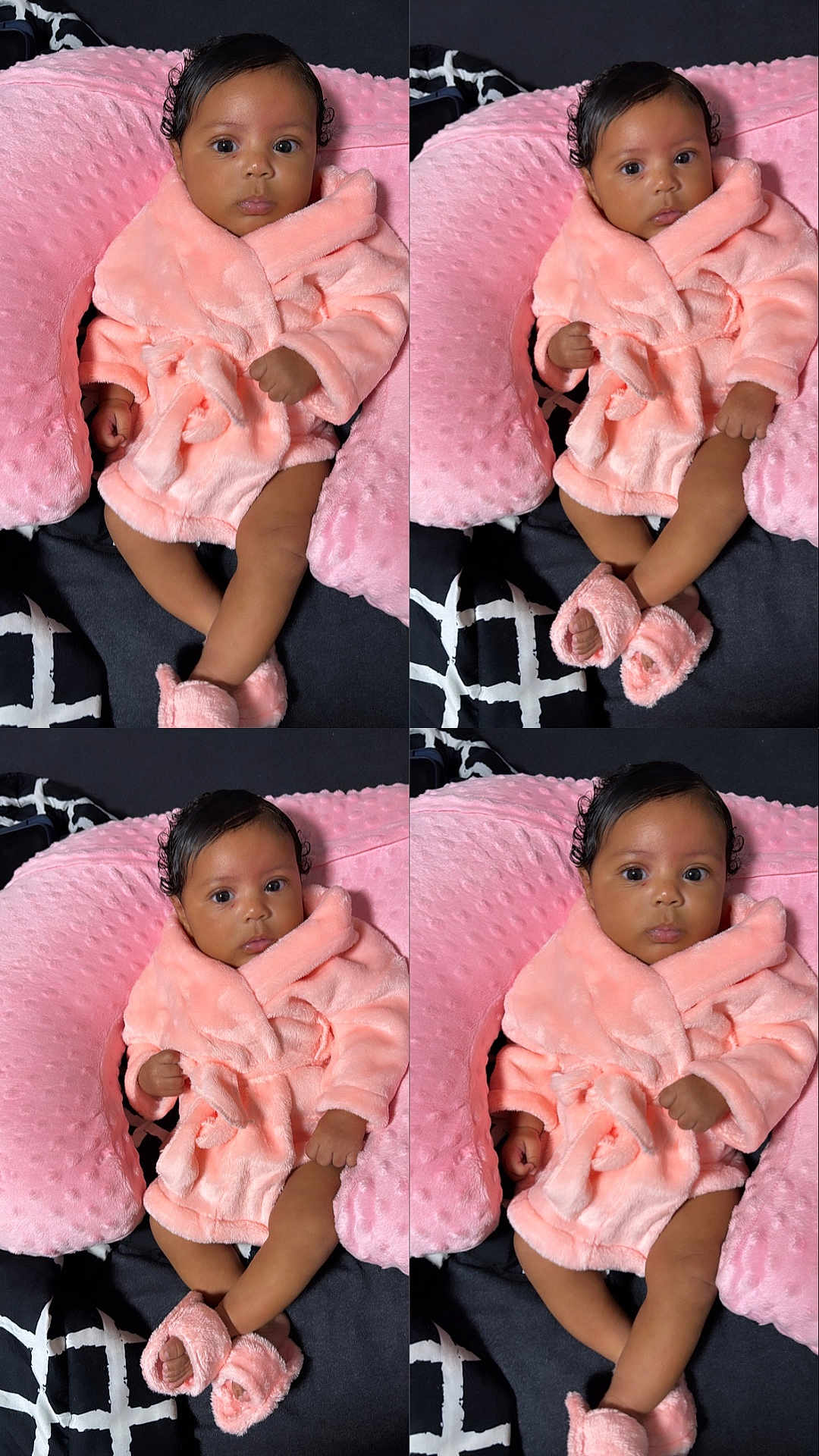Ormani is registered to the contest to win money with this photo: baby, pink, robe, slippers, pillow, blanket, infant, cute, indoor, portrait, soft_texture, comfort, child, black_hair, curly_hair, seated, expression, clothing, fabric, resting