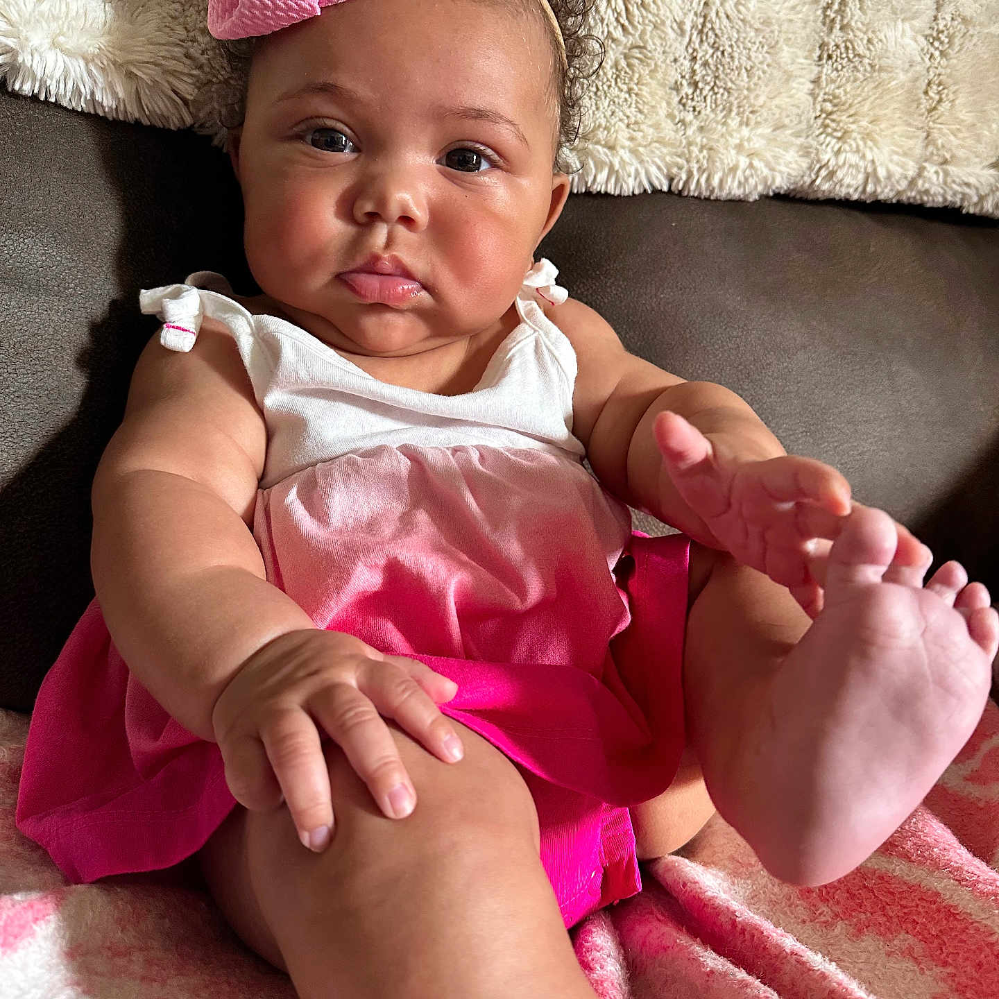 Laylani joined the competition — help win amazing prizes! accessories, baby, bodypart, clothing, couch, cushion, dress, face, finger, furniture, hand, happy, hat, head, homedecor, person, photography, portrait, sitting, smile