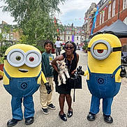 Prince joined the competition — help win amazing prizes! dog, person, child, mascot, costume, minion, outdoor, street, urban, building, pavement, tree, sunglasses, black_clothing, casual, smile, festival, colorful, handbag, footwear