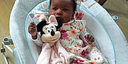 Halya participe au concours pour gagner de l'argent avec cette photo : baby, baby_rocker, bow, child, comfort, cozy, cute, floral_dress, footwear, furniture_leg, indoor, infant, minnie_mouse, person, plush_toy, portrait, resting, soft_toy, toy, wooden_floor