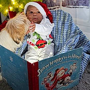Cyrus is registered to the contest to win money with this photo: baby, dog, santa_hat, blanket, book, holiday, christmas, indoor, cute, reading, festive, child, pet, animal, fur, smiling, cozy, knitted, carpet, warm