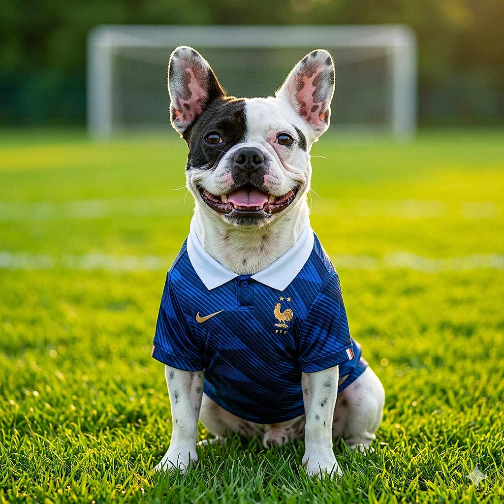 Vanille participe au concours pour gagner de l'argent avec cette photo : dog, french_bulldog, jersey, sportswear, soccer_field, goalpost, grass, outdoor, pet, animal, cute, smiling, portrait, sunlight, greenery, sitting, playful, canine, team, blue_shirt