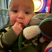 Jace is registered to the contest to win money with this photo: baby, child, camouflage, pajamas, teething, fingers, soft_toy, toy, living_room, television, blurred_background, closeup, face, person, indoor, cute, young_child, hand, couch, curious