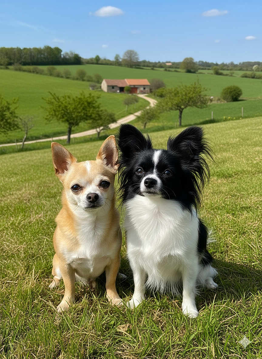 Yous Et Viki a rejoint le concours — aidez-le/la à gagner de superbes lots ! animal, cloud, countryside, cute, dog, grass, greenery, house, nature, outdoor, path, pet, portrait, rural, sitting, sky, small_dog, sunny, tree, two_animals
