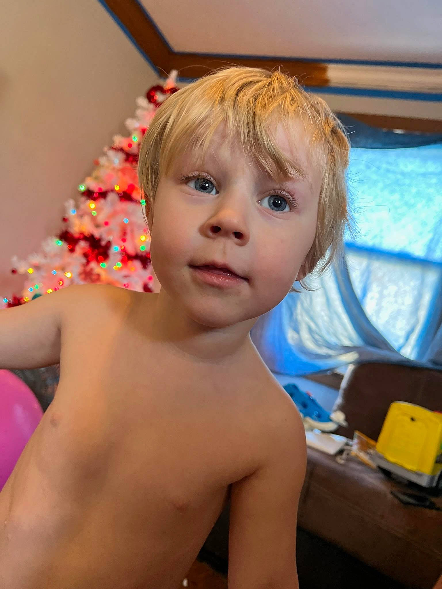 Raiden is registered to the contest to win money with this photo: bangs, barechested, bathing, blond, cheek, chest, child, eyebrow, eyelash, fun, gesture, happy, human_body, lip, nose, person, skin, thumb, toddler, trunk