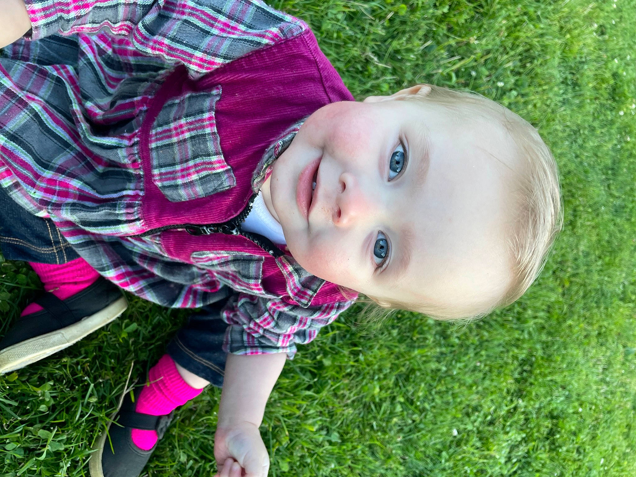 Emaleen is registered to the contest to win money with this photo: child, fun, grass, grass_family, grassland, happy, hat, joy, lawn, leisure, lip, magenta, pattern, people_in_nature, person, plaid, plant, smile, spring, tartan