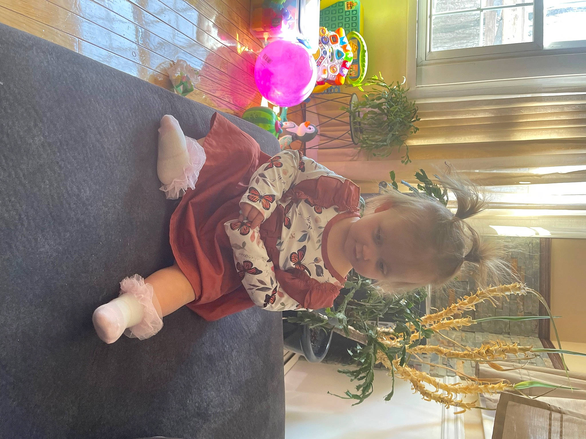 Layla joined the competition — help win amazing prizes! christmas, event, floral_design, flowerpot, fun, holiday, houseplant, person, plant, room, toddler, tree, twig, window