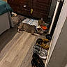 animal, bed, blue_bowl, cage, collar, curious, dog, door, dresser, floor, footwear, furniture, indoor, orange_bowl, pet, rabbit, resting, room, shoes, wood_floor