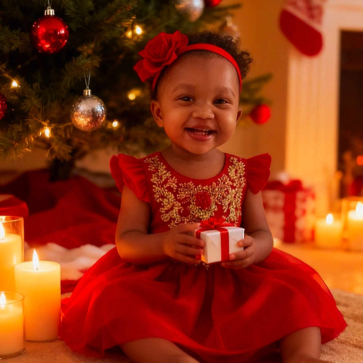 Lahyana a rejoint le concours — aidez-le/la à gagner de superbes lots ! baby, bauble, candle, child, christmas_tree, cozy, festive_decor, fireplace, gift_box, headband, holiday, holiday_lights, indoor, ornament, present, red_dress, sitting, smiling, stocking, toddler
