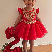 Lahyana a rejoint le concours — aidez-le/la à gagner de superbes lots ! barefoot, beige_carpet, birthday, child, cute, flower_decor, girl, gold_embroidery, happy, headband, holding_prop, number_two, plain_wall, portrait, red_dress, roses, ruffles, smile, standing, toddler