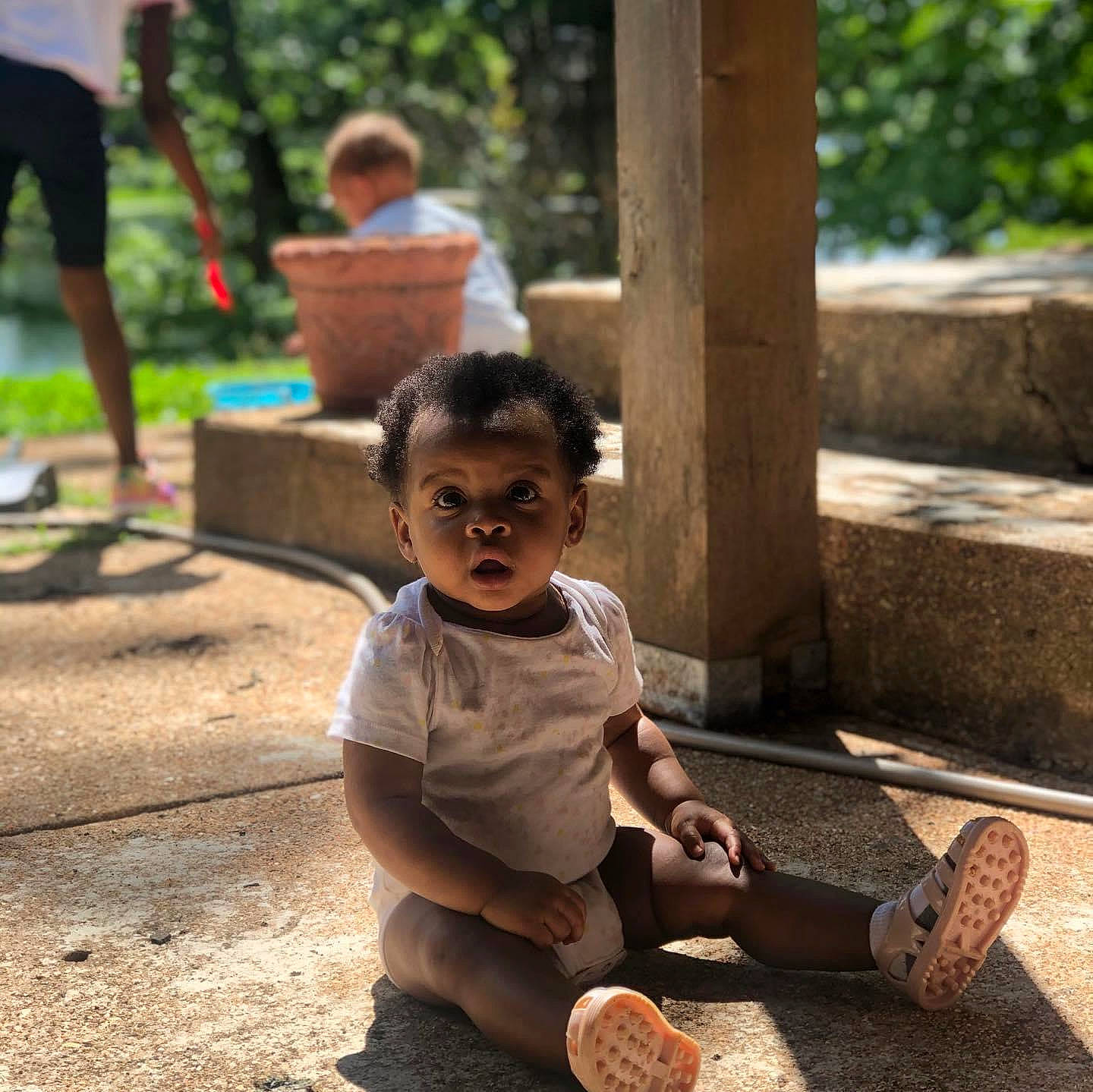 Lacey is registered to the contest to win money with this photo: adaptation, child, fun, leisure, person, play, sitting, smile, surprise, toddler, tree