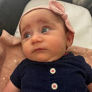 Aurelia joined the competition — help win amazing prizes! baby, infant, headband, bow, navy_blue_clothing, buttons, blanket, star_pattern, lying_down, curious_expression, face, child, indoors, soft_light, closeup, portrait, skin, person, newborn, cute