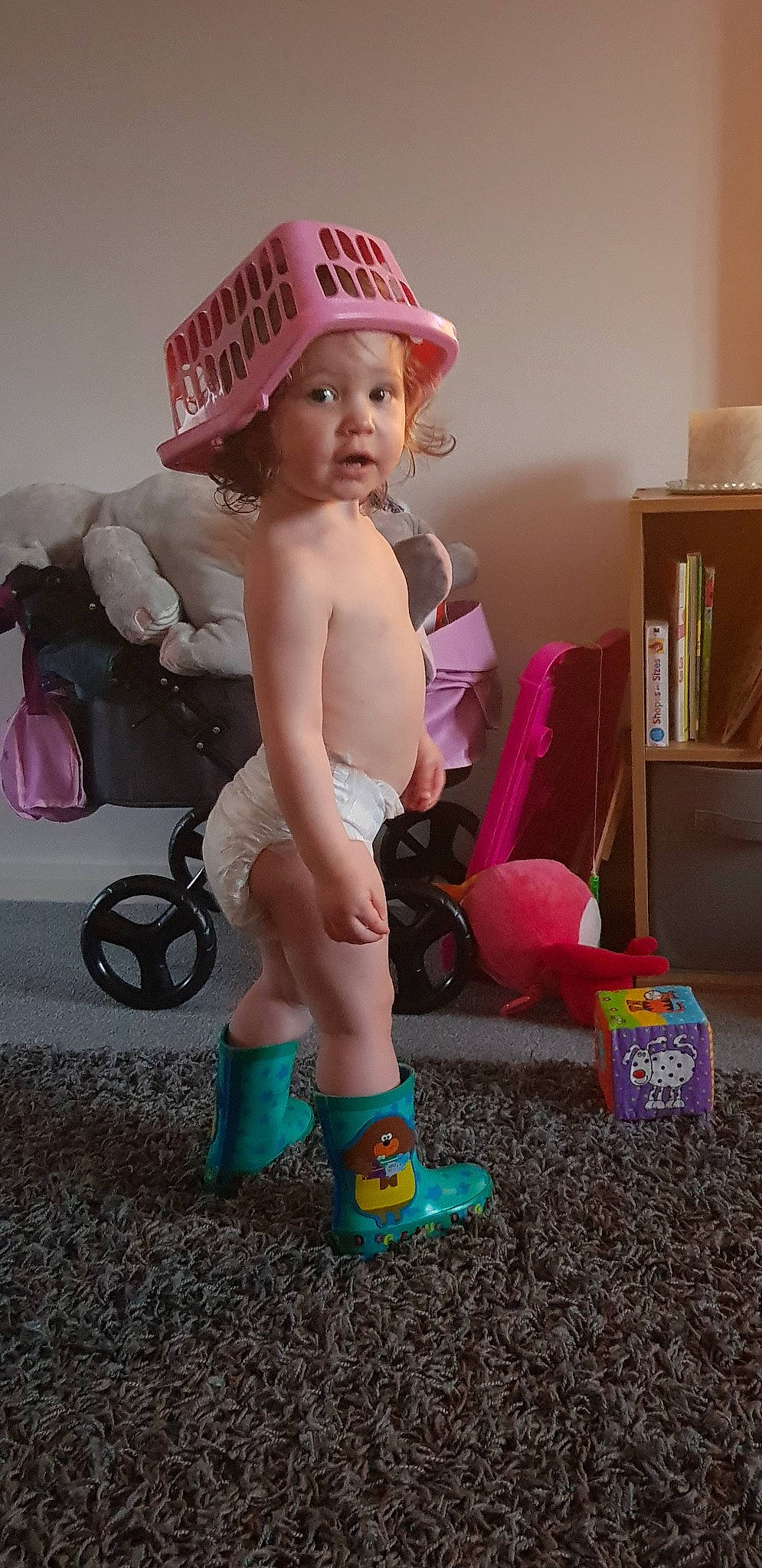 Esmai joined the competition — help win amazing prizes! cap, child, costume, costume_accessory, diaper, footwear, hat, headgear, leg, person, pink, play, shoe, toddler