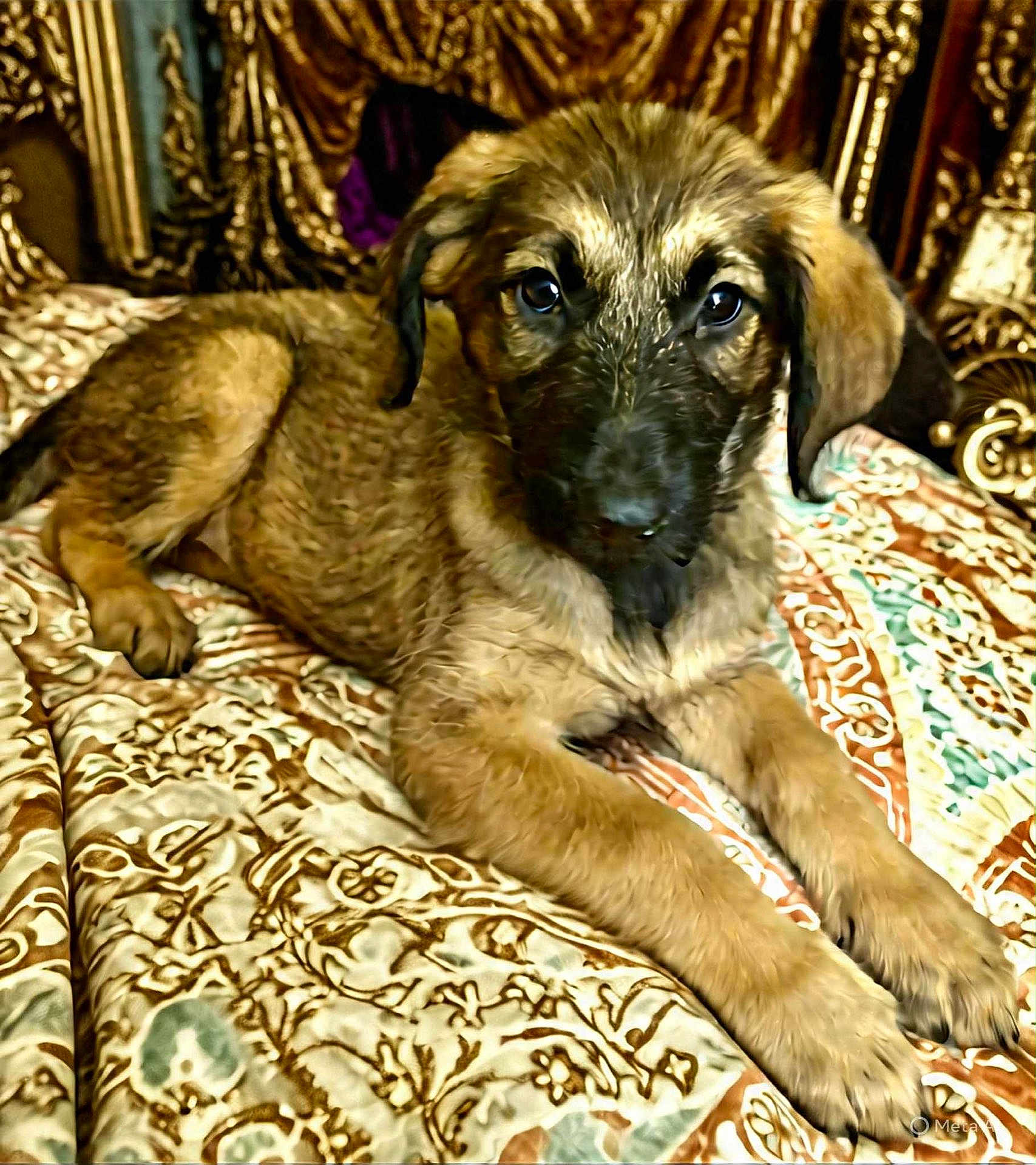 Madison Aka Maddie is registered to the contest to win money with this photo: puppy, dog, pet, animal, lying_down, bedspread, patterned, fur, ears, cute, indoors, resting, canine, young, adorable, portrait, fur_texture, paw, looking, comfort