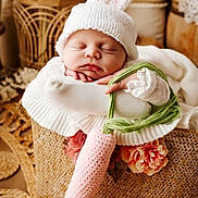 Ellya participe au concours pour gagner de l'argent avec cette photo : baby, newborn, infant, sleeping, bunny_hat, knitted_hat, hat, basket, blanket, flower, pink, cozy, hands, portrait, props, soft_textures, woven, wooden_floor, decor, studio_photo