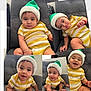 baby, child, infant, hat, green_hat, yellow_striped_onesie, smiling, sitting, chair, indoor, cute, portrait, collage, happy, candid, jewelry, bracelet, expression, person, face