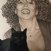 Barney joined the competition — help win amazing prizes! animal, artwork, black_cat, cat, close_up, contrast, curly_hair, dark_fur, detailed, earrings, expression, face, grayscale, indoor, jewelry, necklace, painting, pet, portrait, smiling_woman