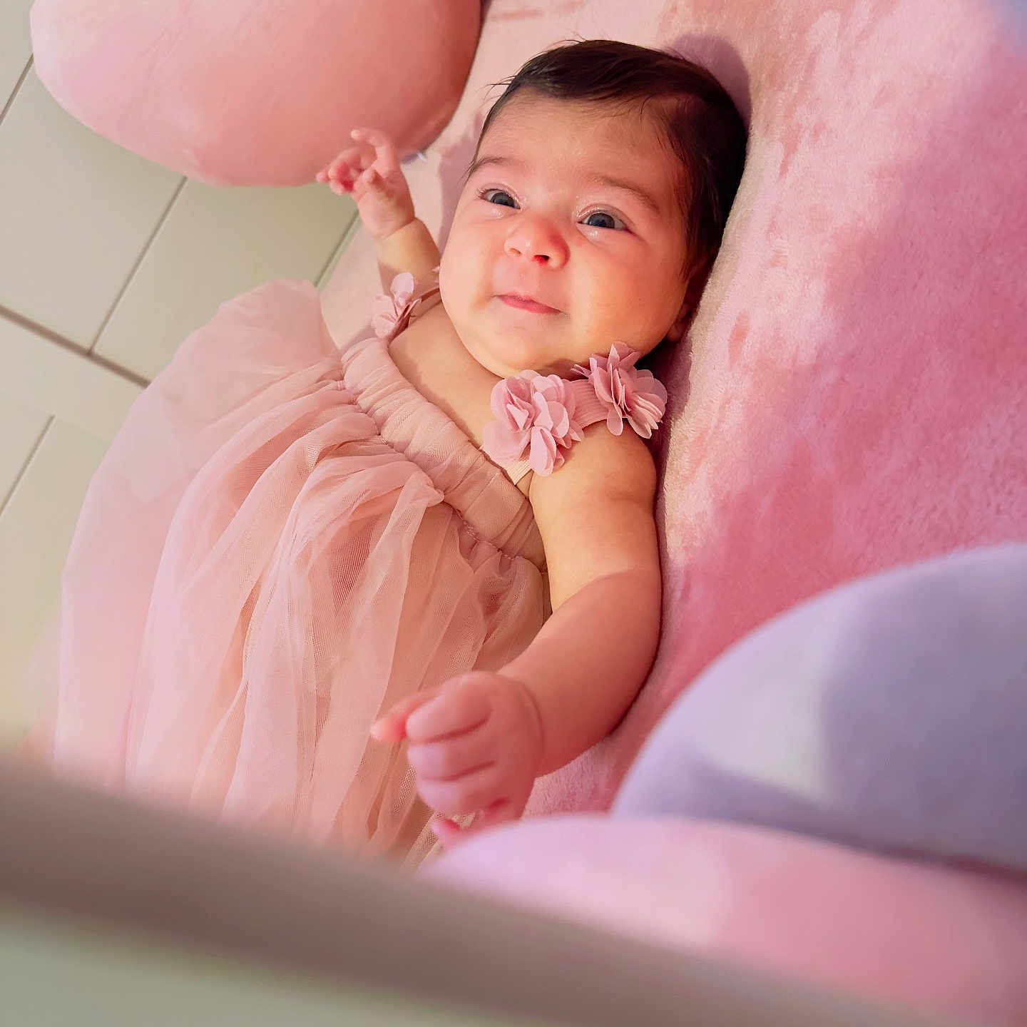 Aranza is registered to the contest to win money with this photo: baby, bed, bodypart, clothing, crib, cushion, dress, face, finger, furniture, hand, happy, head, homedecor, infantbed, newborn, person, photography, portrait, smile
