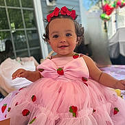 Viviana joined the competition — help win amazing prizes! child, toddler, smiling, pink_dress, strawberries, hair_bows, curly_hair, outdoor, daylight, portrait, cute, happy, person, fashion, celebration, table, window, home, background, fun