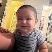 Jasper Gallegos is registered to the contest to win money with this photo: baby, child, indoor, smiling, striped_shirt, person, arm, door, mirror, clothing, room, carpet, reflection, hand, wall, light, closet, furniture, casual, portrait