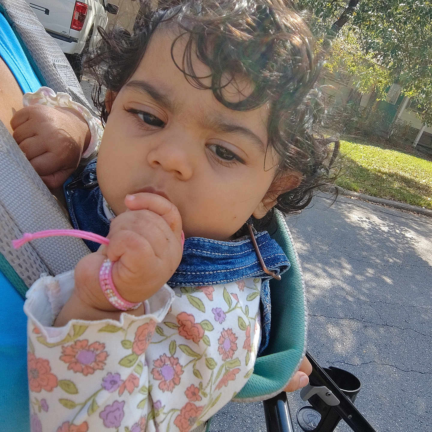 Savannah is registered to the contest to win money with this photo: accessories, baby, bodypart, car, face, finger, grass, hand, head, nature, outdoors, person, photography, plant, portrait, sitting, strap, stroller, transportation, vehicle