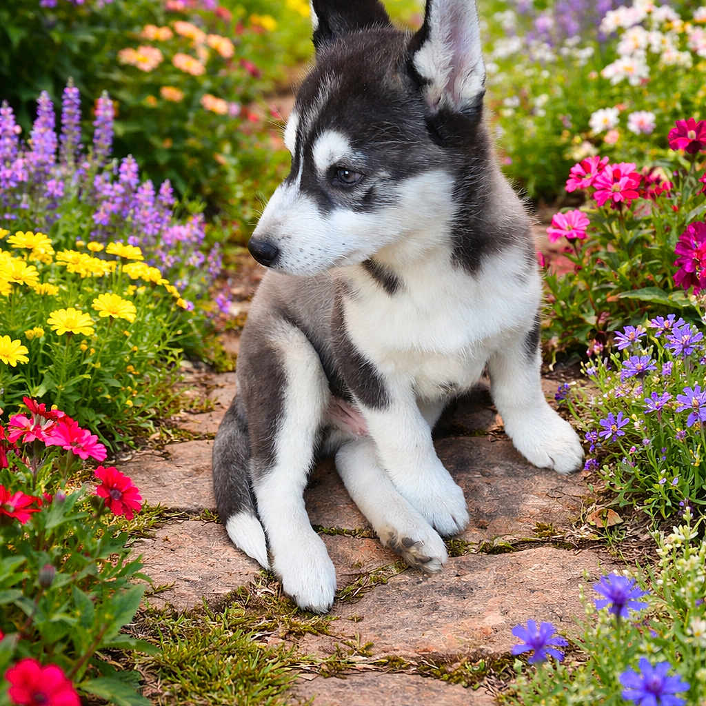 Boss a rejoint le concours — aidez-le/la à gagner de superbes lots ! puppy, dog, husky, path, stone_path, garden, flowers, colorful, outdoor, nature, greenery, cute, pet, young_dog, spring, summer, plants, fur, animal, sitting