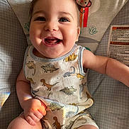 Alexander is registered to the contest to win money with this photo: baby, infant, smiling, dinosaur_clothing, onesie, baby_seat, monkey_illustration, sun_illustration, happy, child, cute, portrait, chubby_cheeks, natural_light, indoor, comfortable, playful, young_child, casual_clothing, closeup