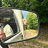countryside, daytime, dog, greenery, hand, nature, outdoor, person, pet, phone, portrait, reflection, relaxed, road, side_mirror, sunlight, travel, trees, vehicle, window