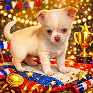 Blanco a rejoint le concours — aidez-le/la à gagner de superbes lots ! animal, award, background_lights, celebration, confetti, cushion, cute, decorations, dog, festive, gold, indoors, pet, portrait, puppy, red_white_blue, ribbons, small_dog, sparkles, trophy