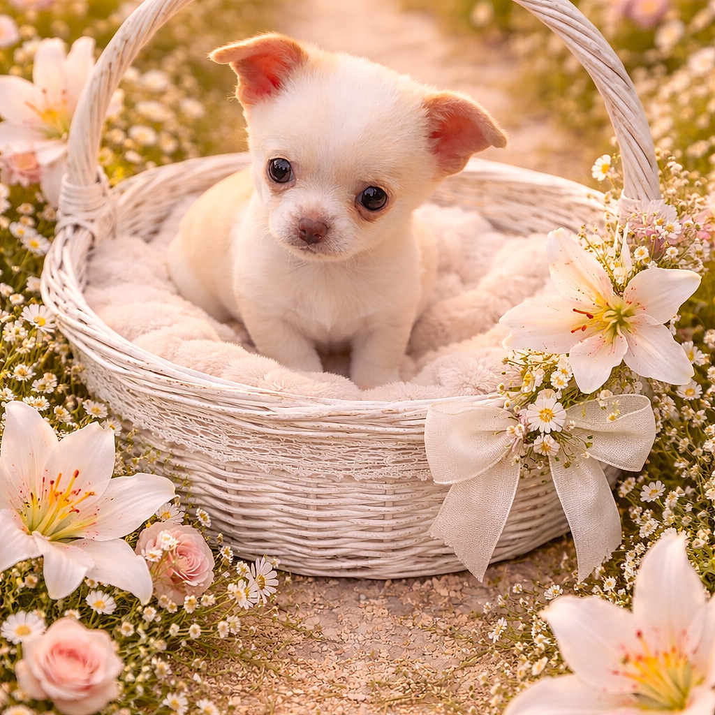 Bébé participe au concours pour gagner de l'argent avec cette photo : puppy, dog, basket, flower, lily, rose, daisy, garden, pathway, soft_light, cute, pet, outdoor, nature, floral, white, pink, greenery, cozy, adorable