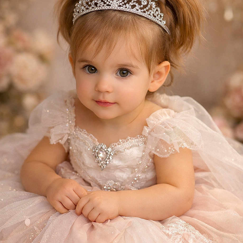 Kayla a rejoint le concours — aidez-le/la à gagner de superbes lots ! beads, beauty, child, cute, dress, elegant, girl, hands, indoor, innocence, lace, pigtails, pink, portrait, princess, smile, soft_light, sparkle, tiara, toddler