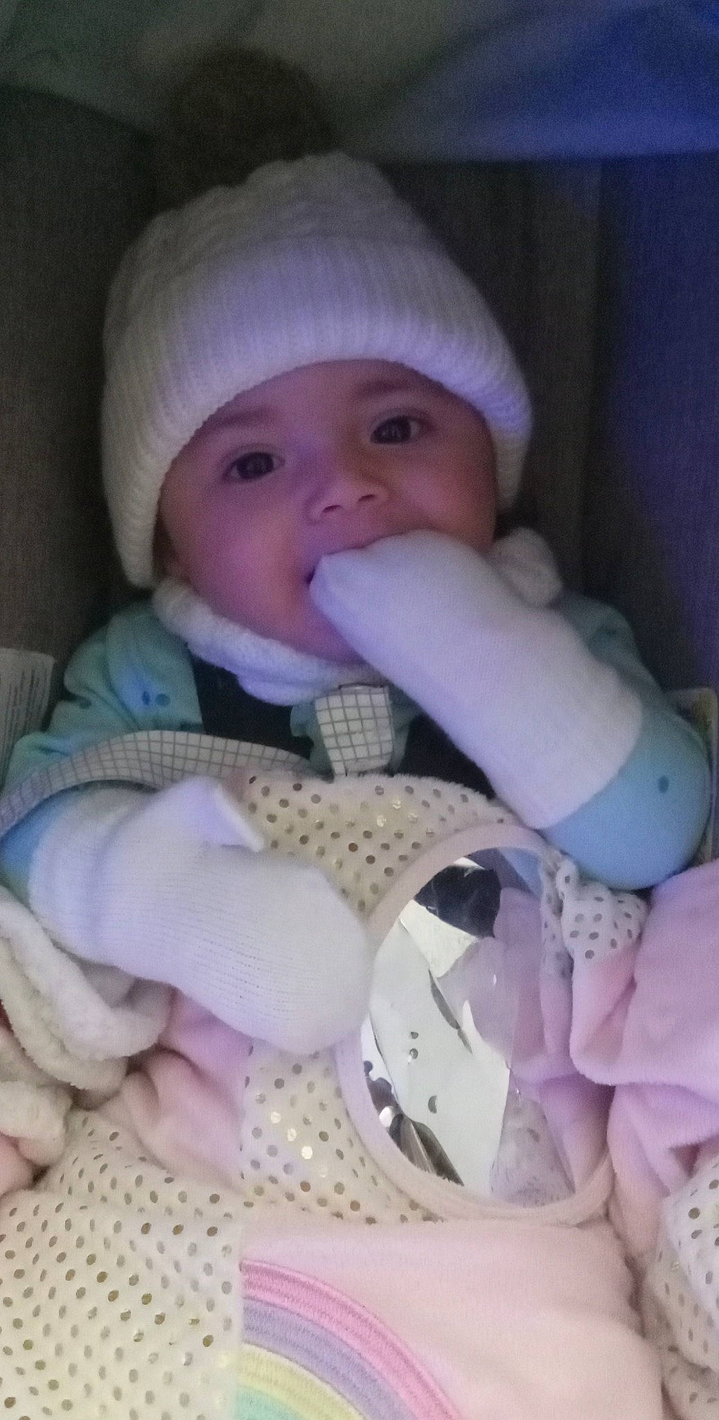 Iris joined the competition — help win amazing prizes! baby, baby_products, baby_toddler_clothing, cap, cheek, child, comfort, drinkware, headgear, headwear, knit_cap, lip, nose, person, pink, purple, skin, tableware, toddler, violet