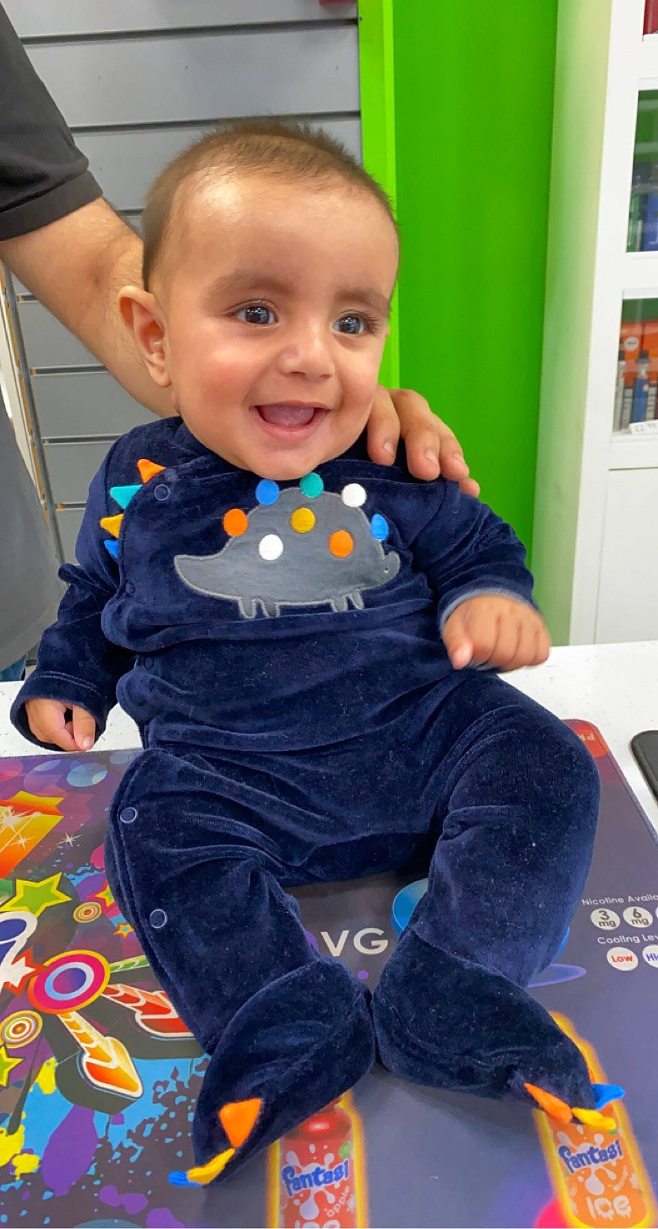 Aryan is registered to the contest to win money with this photo: azure, baby, baby_toddler_clothing, child, face, floor, flooring, fun, hairstyle, happy, head, joy, person, photograph, product, purple, skin, sleeve, smile, standing