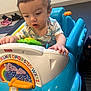 Leonardo is registered to the contest to win money with this photo: toddler, child, toy_car, indoor, playing, curious, colorful, steering_wheel, plastic_toy, short_hair, casual_clothing, floor, shoes, rainbow, alphabet, fisher_price, hand, expression, seat, person