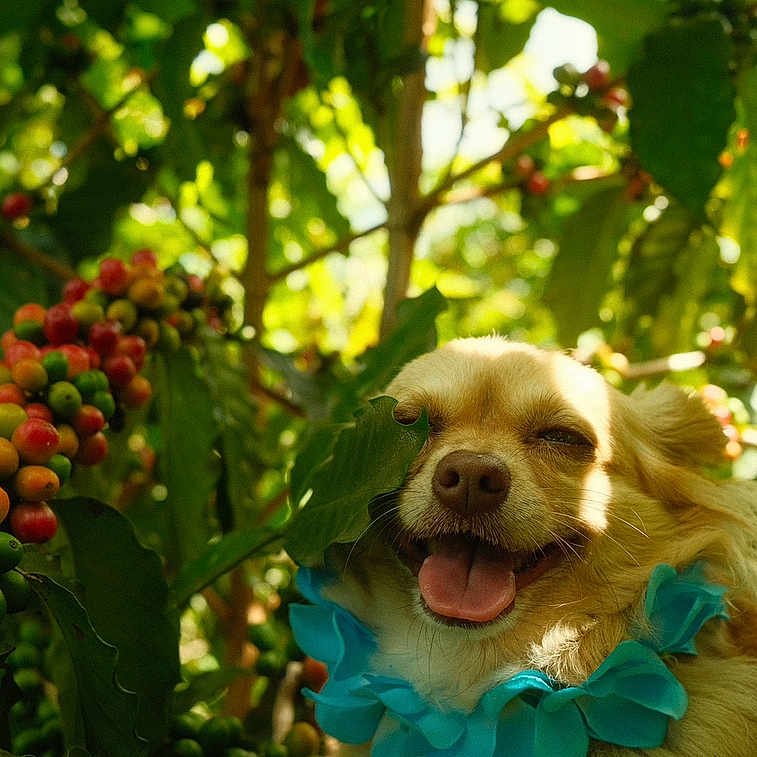 Honey is registered to the contest to win money with this photo: animal, canine, close_up, coffee_cherries, coffee_plant, cute, dog, flower_collar, fur, green_leaves, happy, nature, outdoor, pet, portrait, relaxed, smiling, summer, sunlight, tongue_out