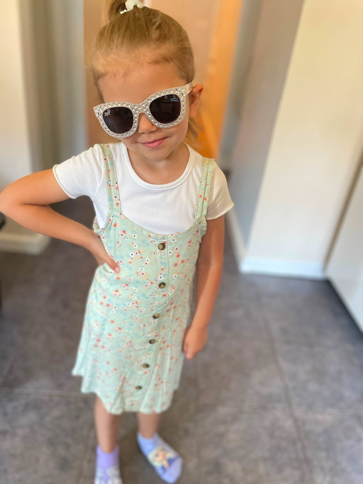 Leah joined the competition — help win amazing prizes! baby_toddler_clothing, cool, dress, eyewear, flooring, glasses, goggles, head, joint, joy, neck, pattern, person, pink, shoulder, sleeve, smile, sunglasses, t_shirt, toddler