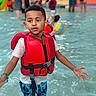 child, boy, life_jacket, water, pool, swimming, summer, outdoor, play, fun, water_park, splash, people, colorful, swim_shorts, safety, recreation, family, vacation, leisure
