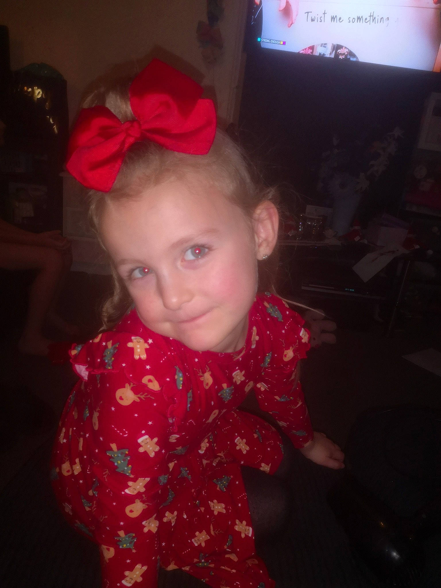 Daisy Mae is registered to the contest to win money with this photo: child, chin, cloud, cool, display_device, eye, eyebrow, flooring, fun, happy, iris, joy, lip, magenta, mouth, person, pink, smile, t_shirt, television