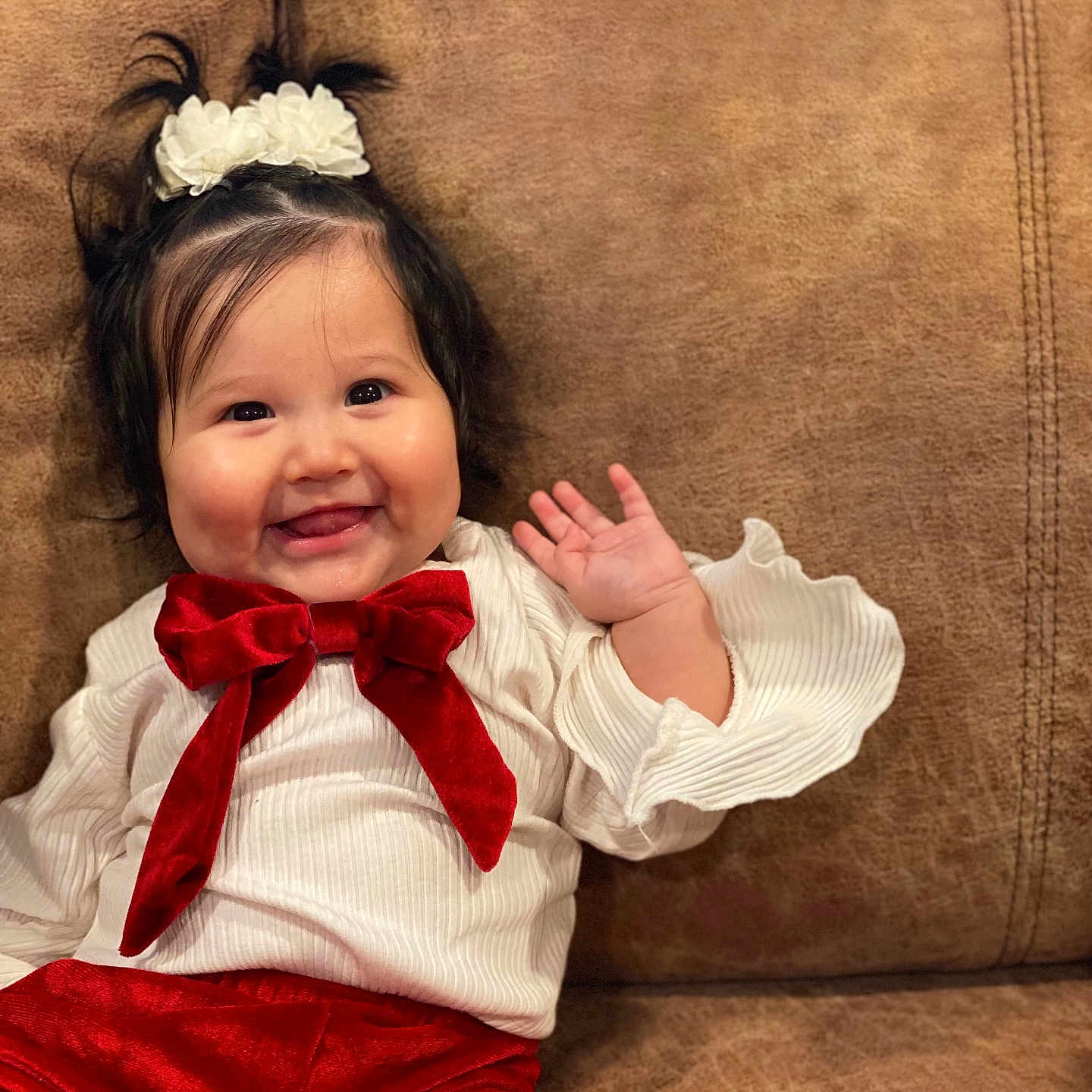 Aria joined the competition — help win amazing prizes! accessories, child, clothing, costume, couch, dress, face, female, formalwear, furniture, girl, happy, head, pants, person, photography, portrait, sitting, smile, tie